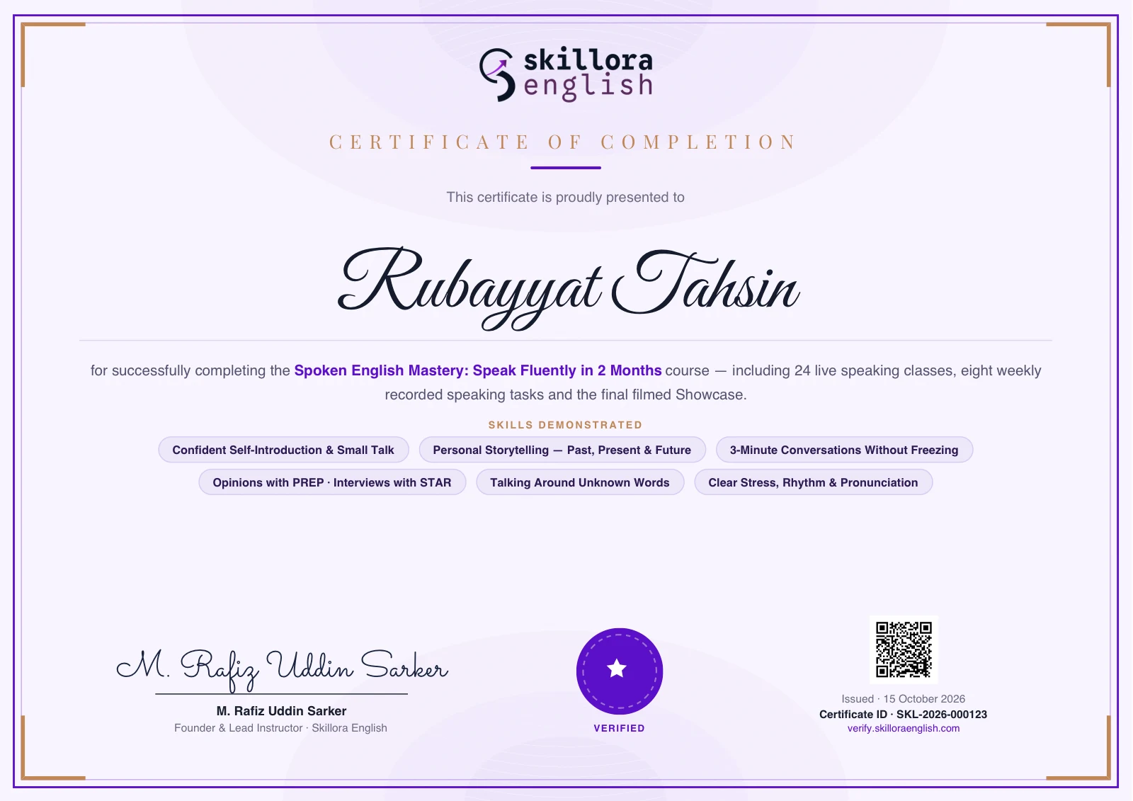 Sample Spoken English Mastery certificate of completion with the skills demonstrated
